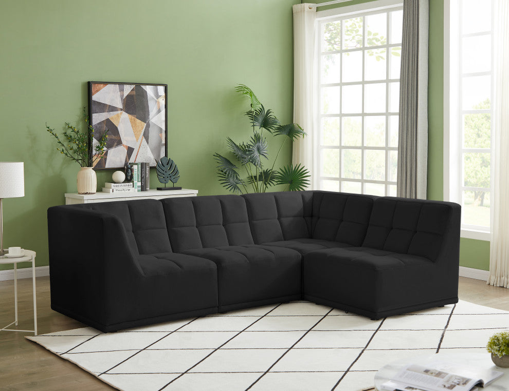 Relax Velvet Upholstered 4-Piece L-Shaped Modular Sectional, Black