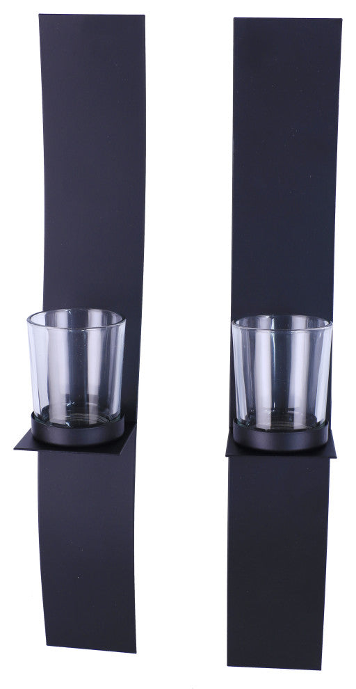 2x15" Set of 2 Sleek Candle Wall Sconce Holder With Glass Black Metal