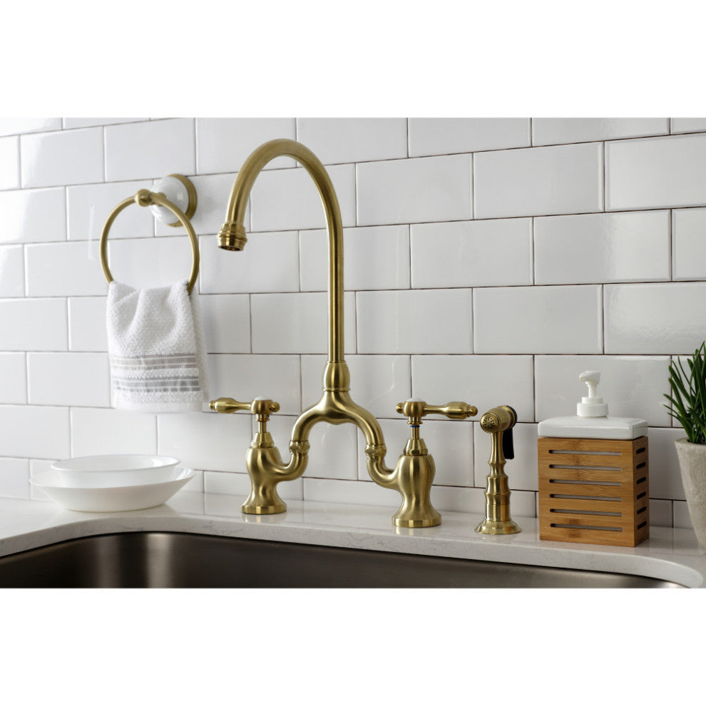 KS7797TALBS Tudor Bridge Kitchen Faucet With Brass Sprayer, Brushed Brass