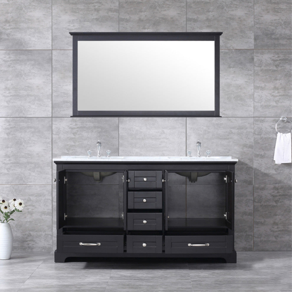 60" Double Vanity, Carrara Marble Top, Square Sinksand58" Mirror With Faucets
