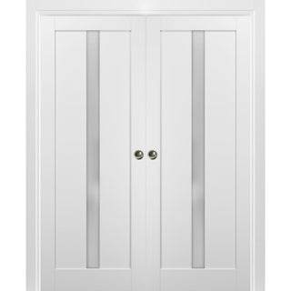 Double Pocket Doors 48x80|Frames|Quadro 4112 White Silk|Frosted Opaque Glass