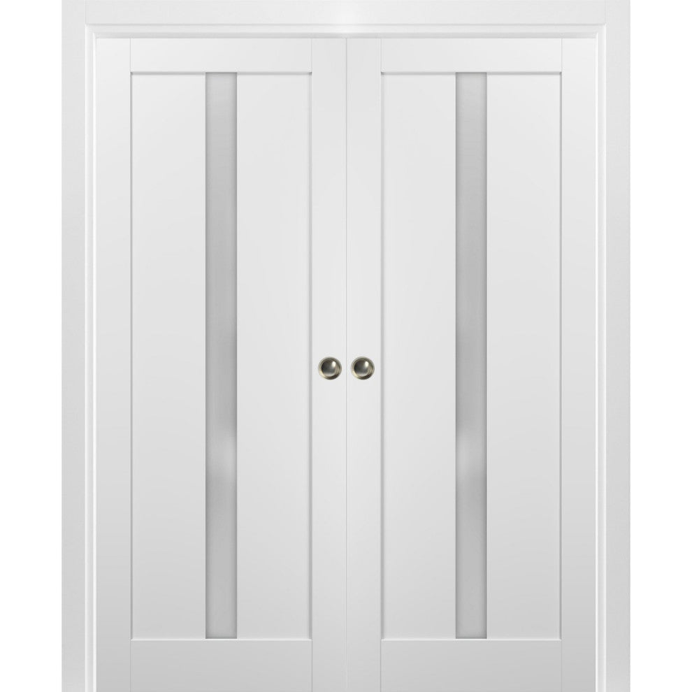 Double Pocket Doors 48x80|Frames|Quadro 4112 White Silk|Frosted Opaque Glass