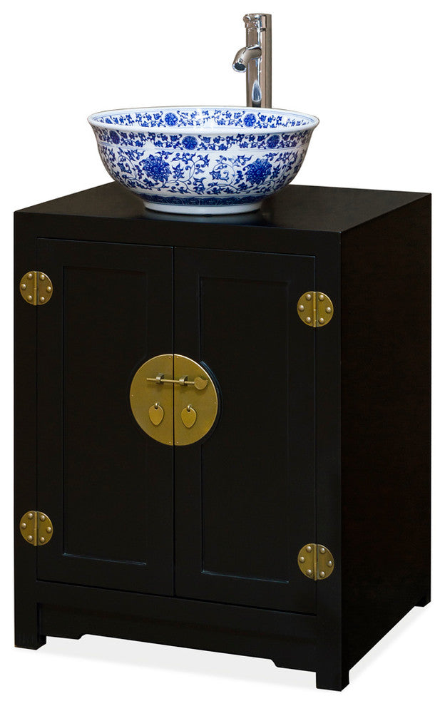 Elmwood Chinese Ming Vanity Cabinet, Black, With Bowl and Faucet