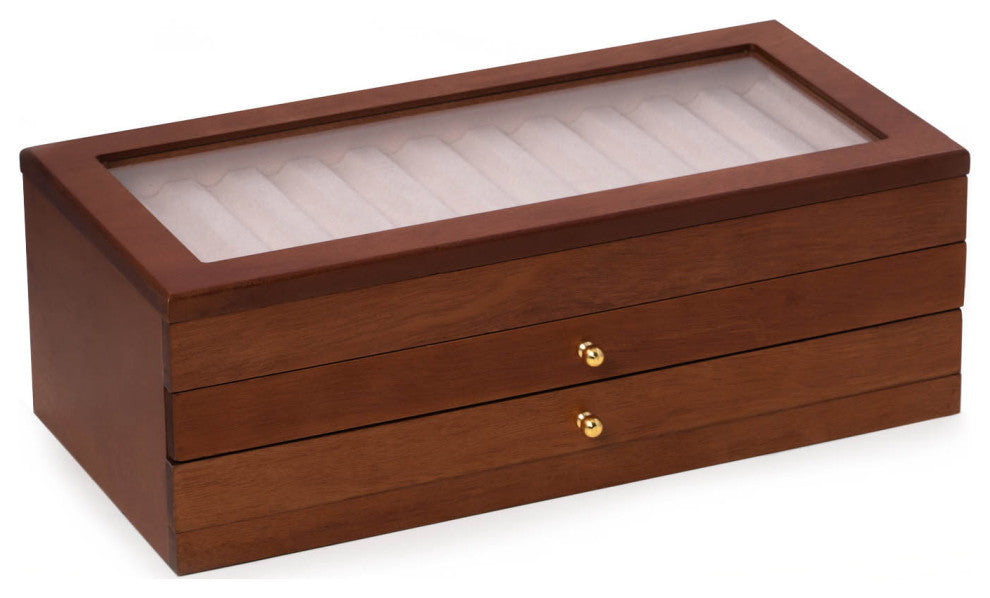 3 Level Cherry Wood 36 Pen Storage Case, Glass Top