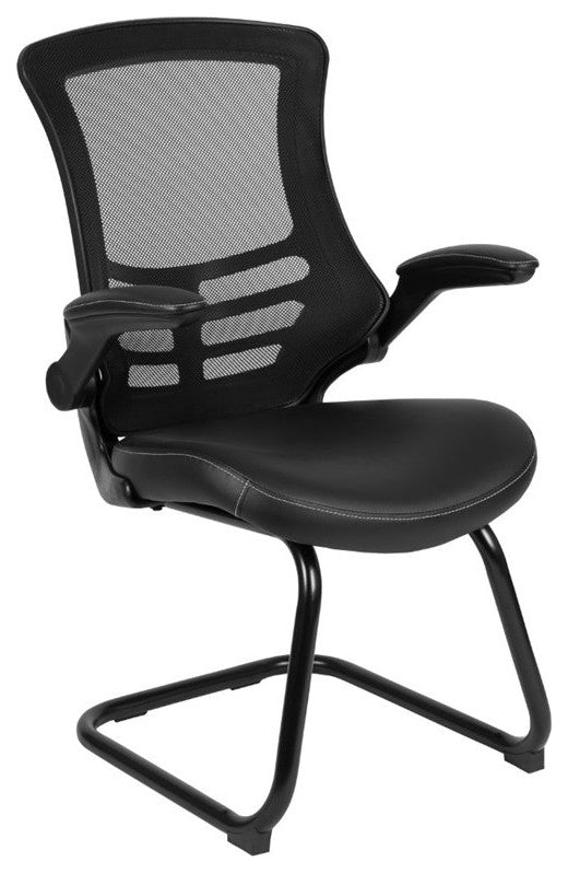 Black Mesh Sled Base Side Chair-White Stitched LeatherSoft Seat & Flip-Up Arms