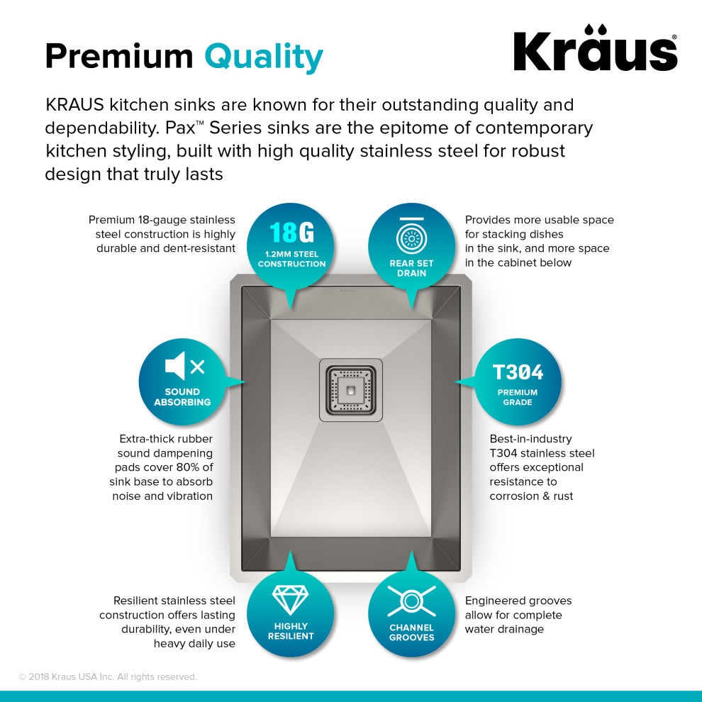 KHU15 Kraus 14 1/2" Bowl Stainless Steel Rectangular Bar/Prep Kitchen Sink