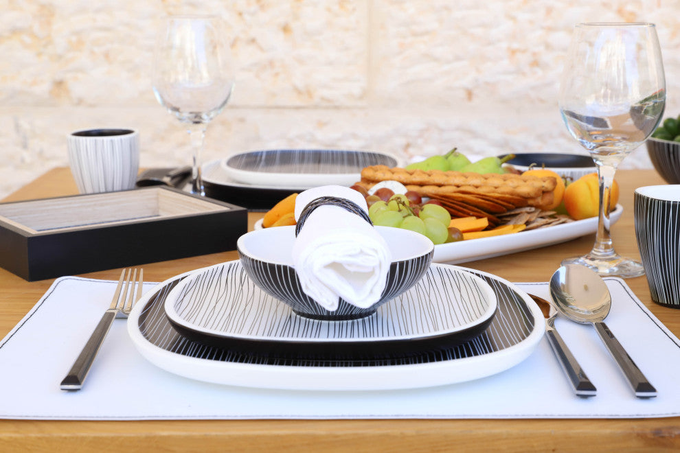 Black and White Dinnerware set, Black With White Lines, 4 Square Bowls (5" X 5")