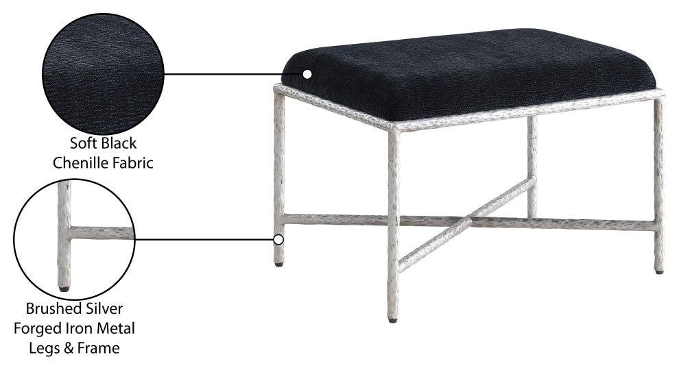 Valley Upholstered Bench, Black, 25" W x 18" D, Silver, Chenille Fabric