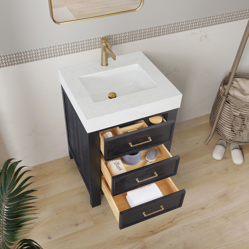Leon Bath Vanity With Composite Stone Top, Fir Wood Black, 24", With Mirror