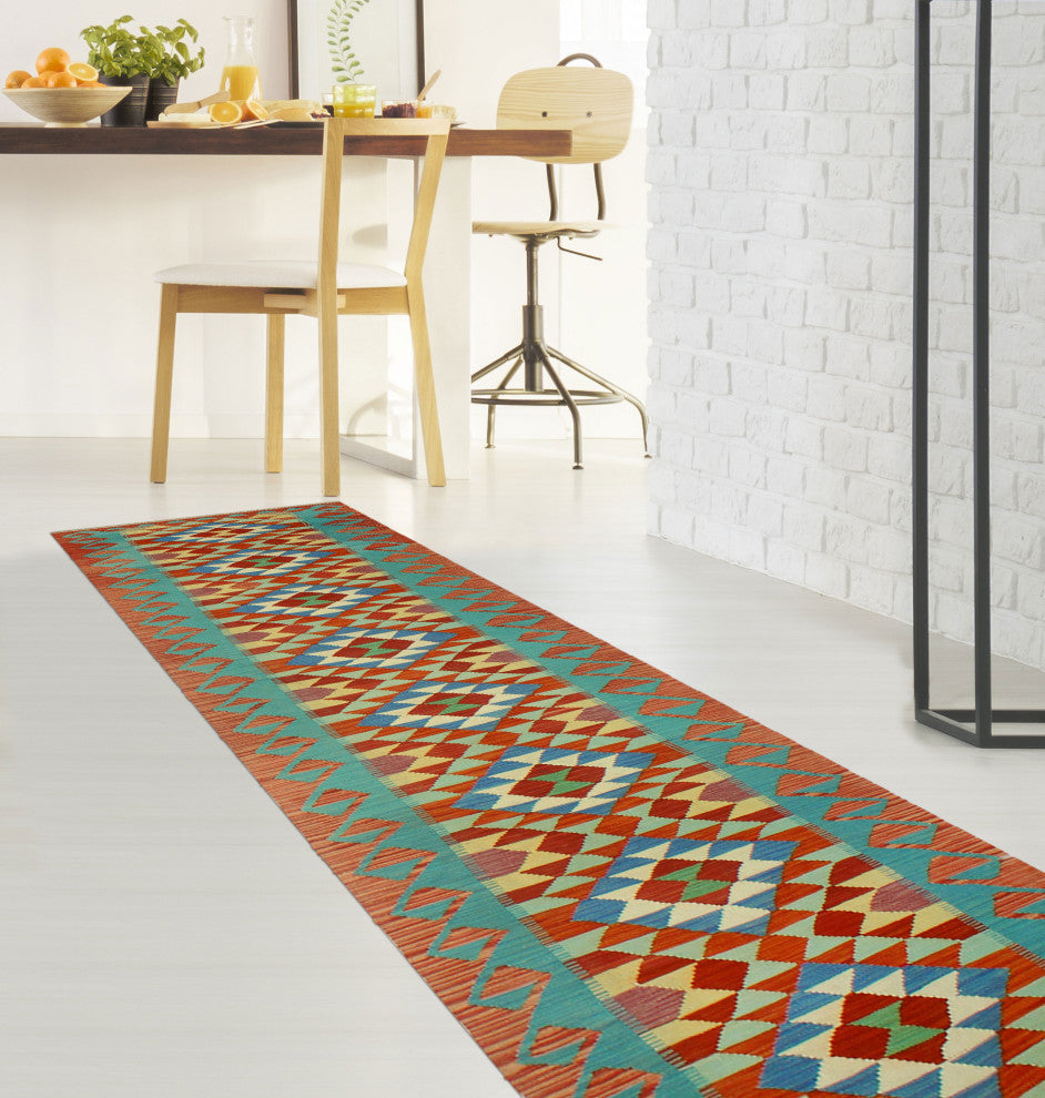 Sangat Kilim Jayme Red/Green Runner, 2'8x16'1