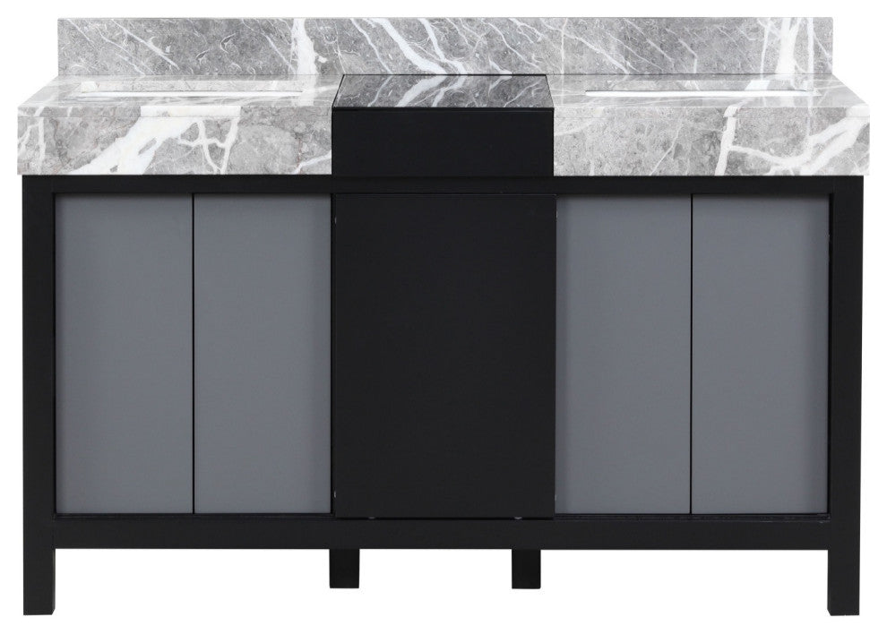 55" Double Vanity, Castle Gray Marble Tops, And White Square Sinks