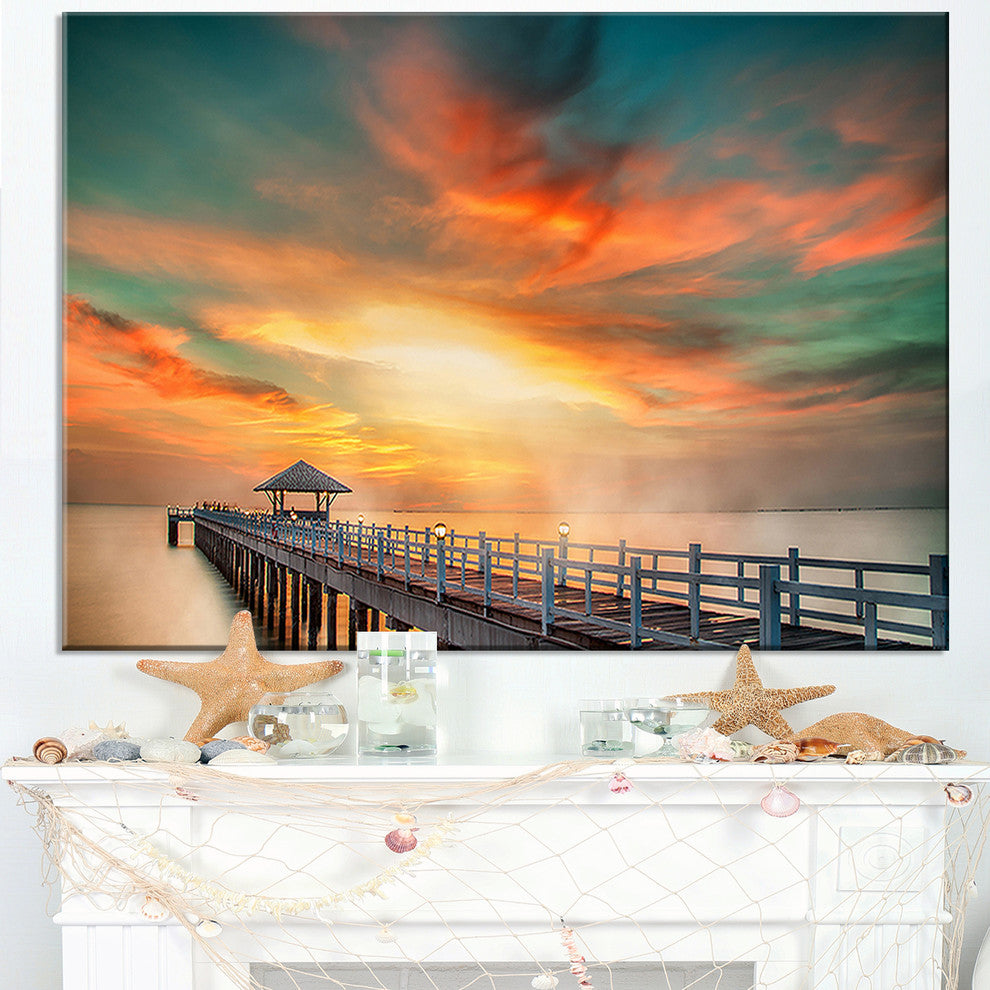 "Wooden Bridge Under Colorful Sky" Sea Bridge Wall Artwork, 1 Panel, 60"x28"