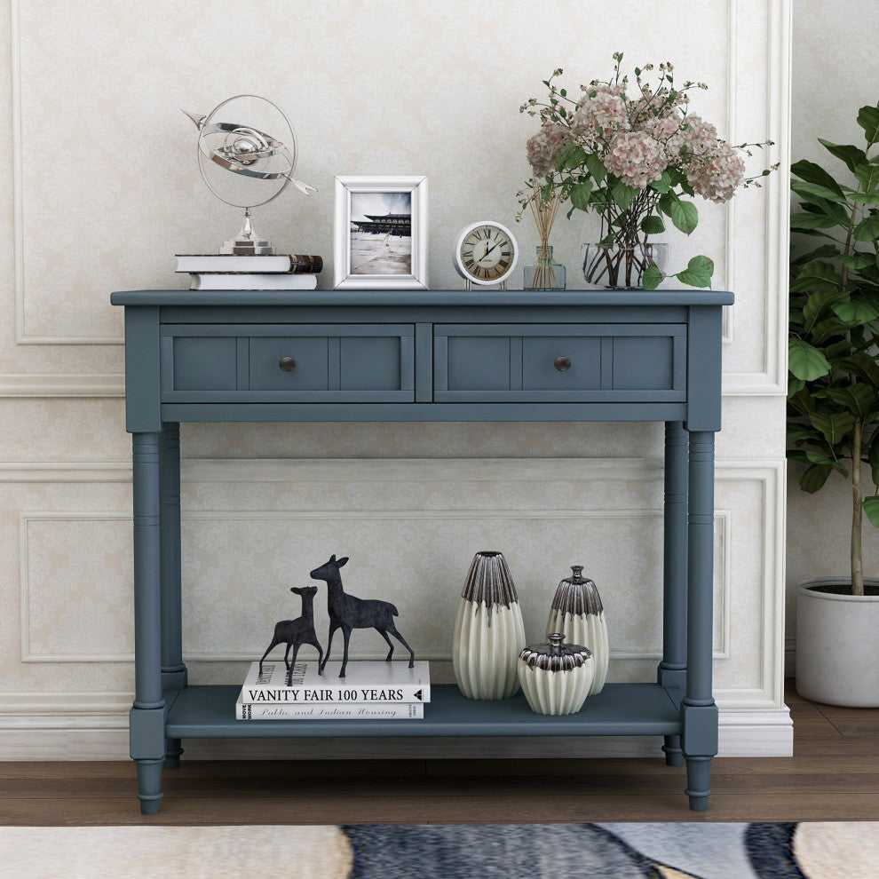 Console Table with Two Drawers and Bottom Shelf, Navy