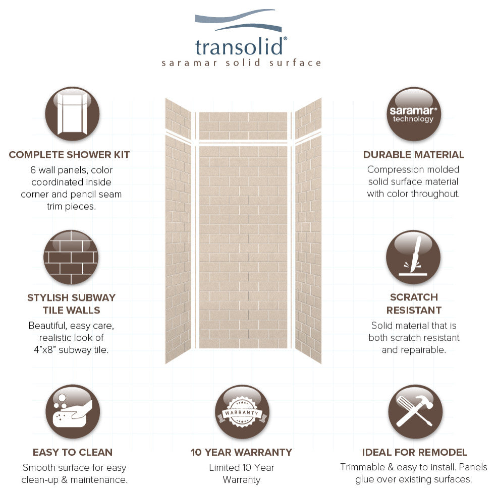 Transolid SaraMar 36"x36"x96" 6-Piece Shower Wall Kit with Extension, Cashew