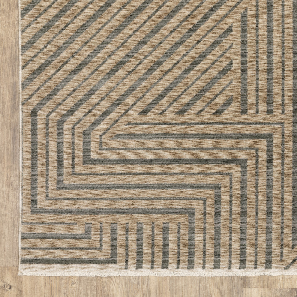 Easely Industrial Geometric Lines Beige/ Gray Area Rug, 9'10" x 12'10"