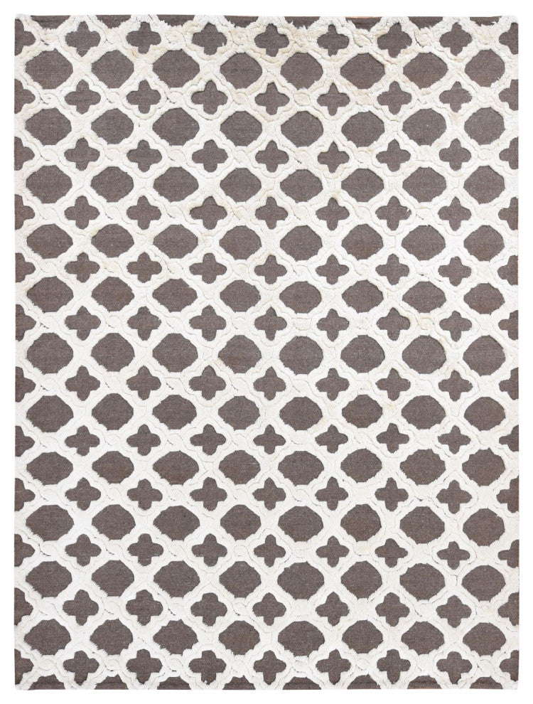 Ivory and Gray, Soft Wool, Hand Knotted, High and Lo Pile Rug, 9'3"x11'7"