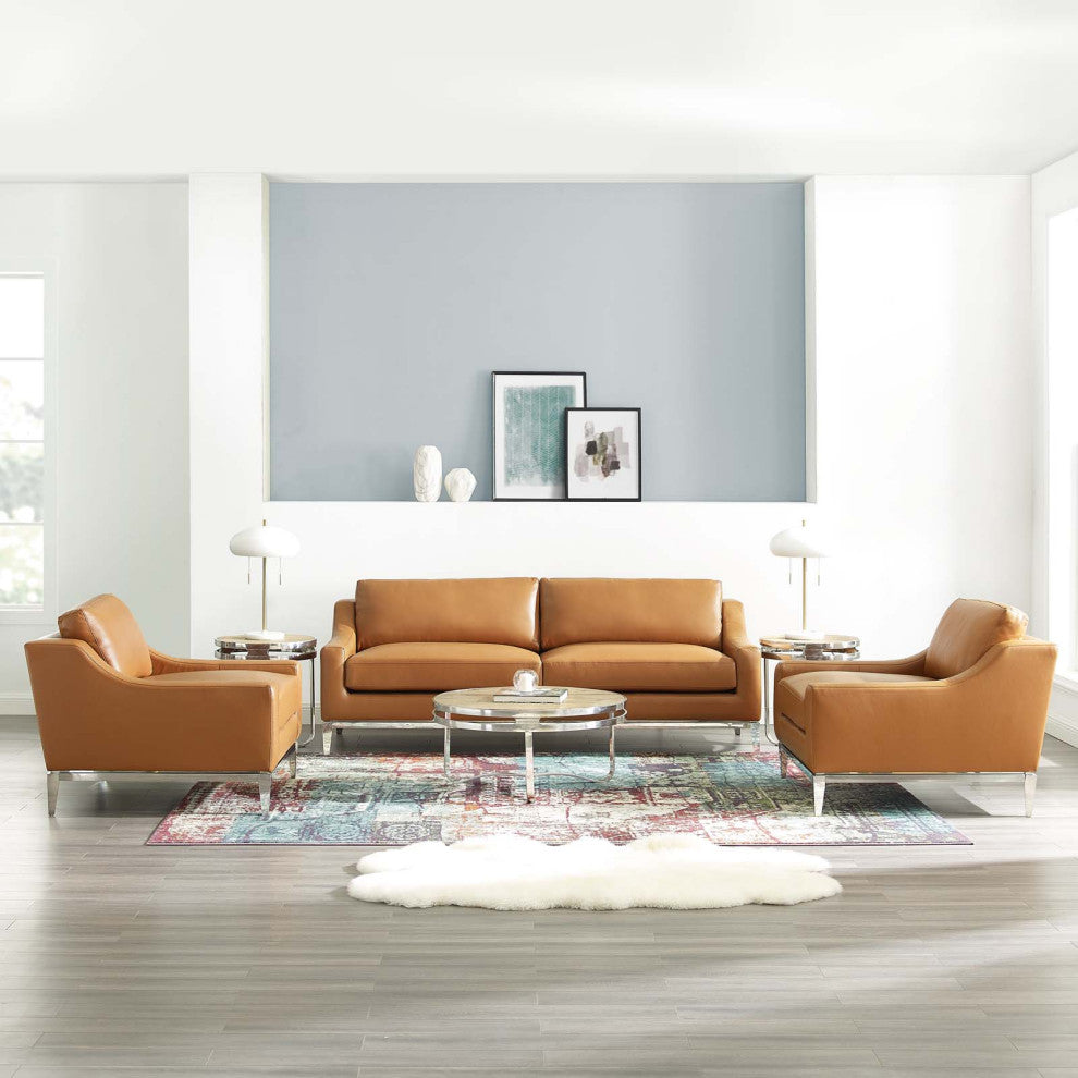 Armchair and Loveseat Sofa Set, Leather, Tan, Modern, Living Lounge Hospitality