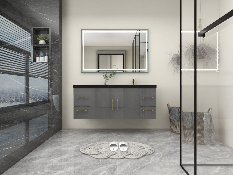 Rosa 60" Wall Mounted Modern Vanity, High Gloss Gray, Matt Black Top