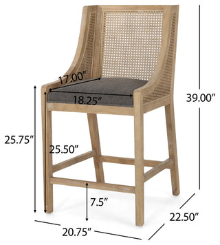 Deville Fabric Upholstered Wood and Cane 25.5 inch Counter Stools, Set of 2, Charcoal