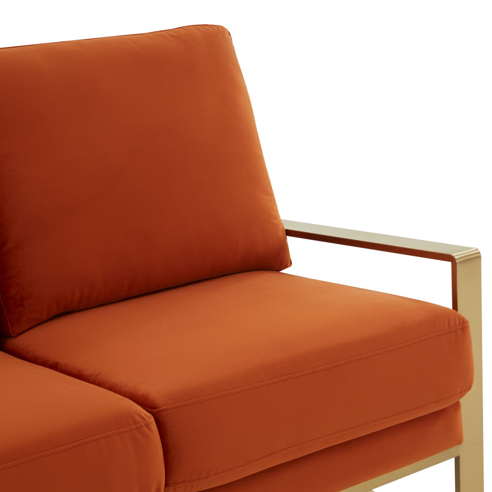 LeisureMod Jefferson Modern Design Velvet Loveseat With Gold Frame, Orange