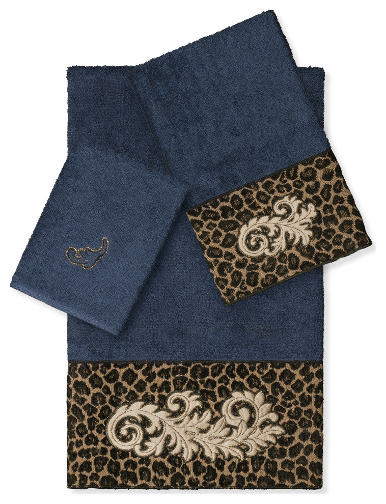 Linum Home Turkish Cotton April 3-Piece Embellished Towel Set, Midnight Blue
