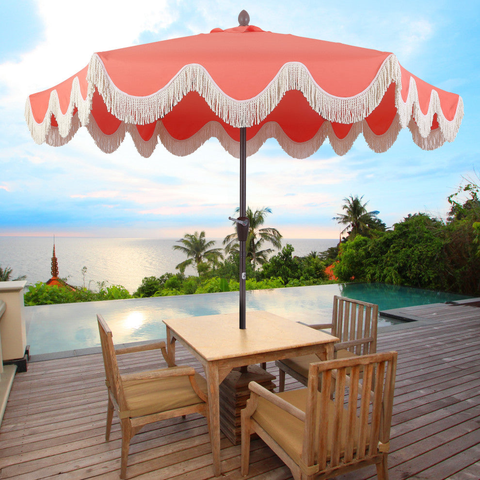 9ft Tassel Patio Umbrella Auto-Tilt, Crank, Red, 107L x 107W x 99H