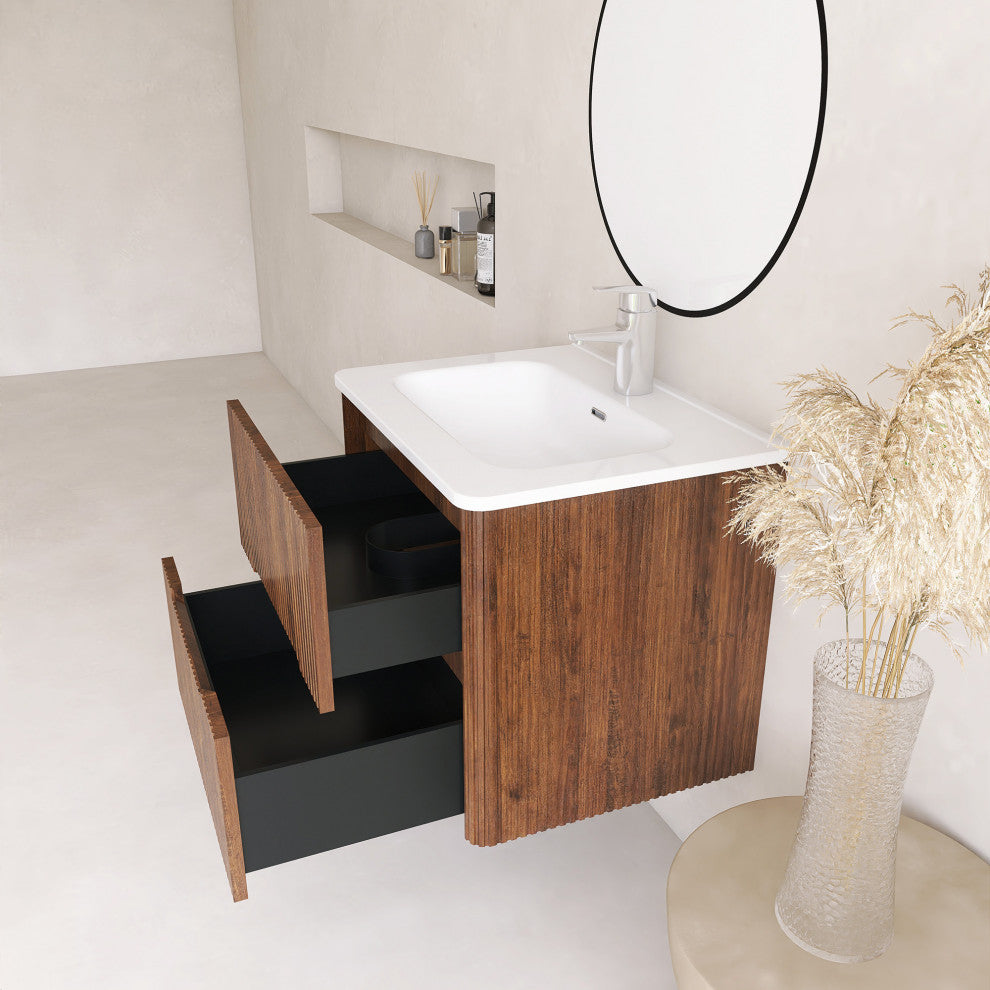 24 inch Wall-Mounted Bathroom Vanity Set with Ceramic Integrated Sink, Walnut