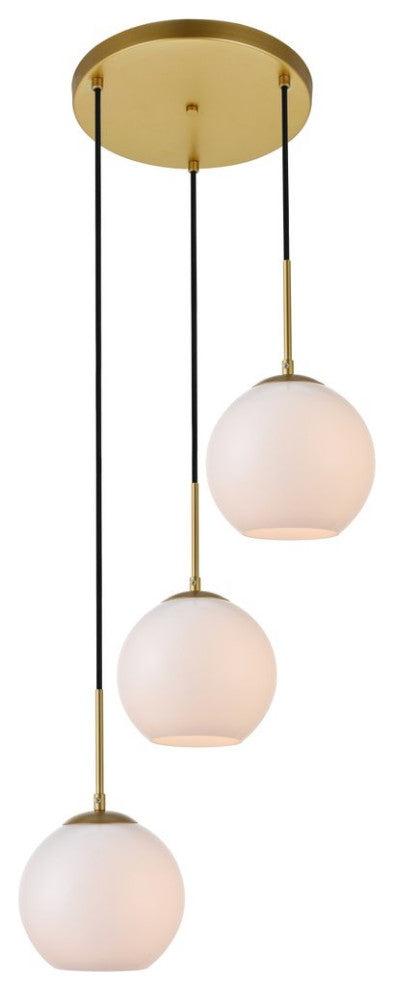 Midcentury Modern Brass And Frosted White 3-Light Pendant
