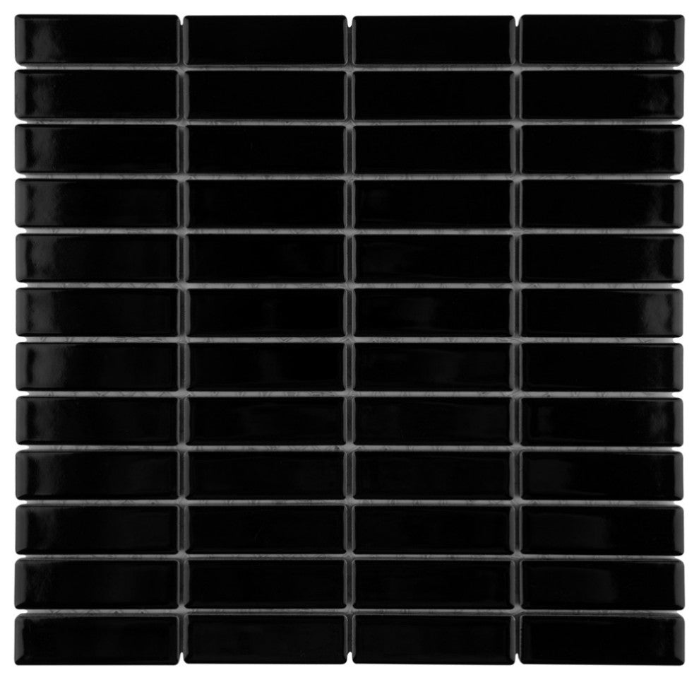 Metro Brick Stacked Glossy Black Porcelain Floor and Wall Tile