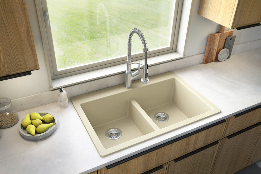Karran 33" Top Mount Double Equal Bowl Quartz Kitchen Sink, Bisque