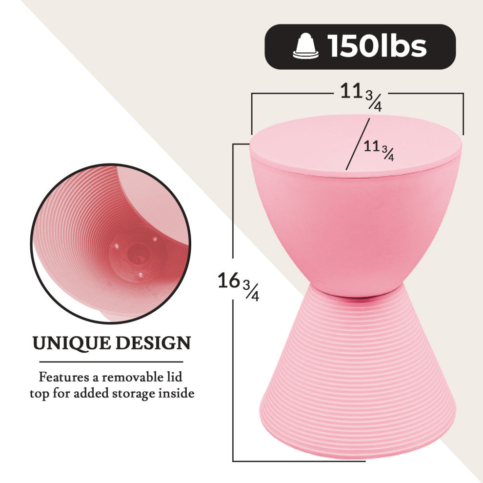 Round Side Table in ABS Plastic Ribbed Design End Table with Removable Lid, Pink