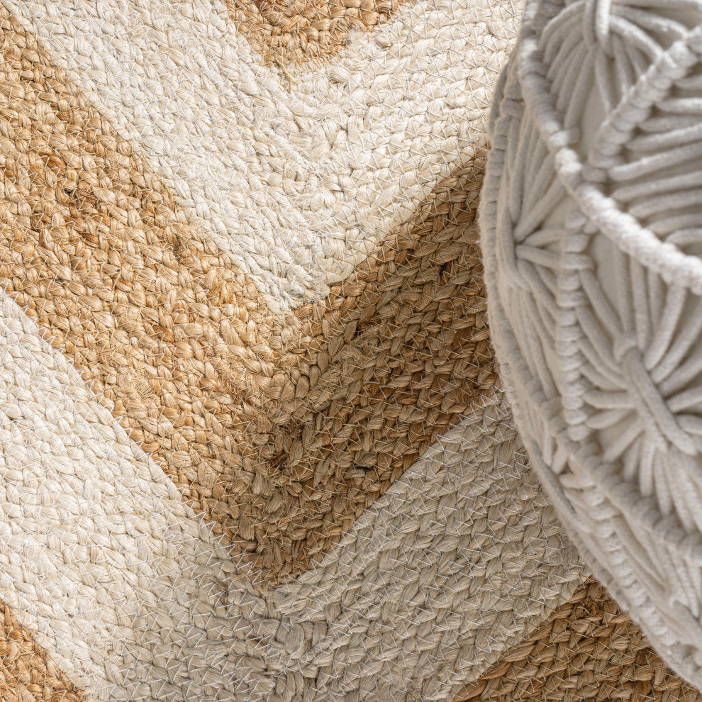 Piper Two-Tone Chevron Round Jute Round Area Rug, Cream/Natural, 5' Round