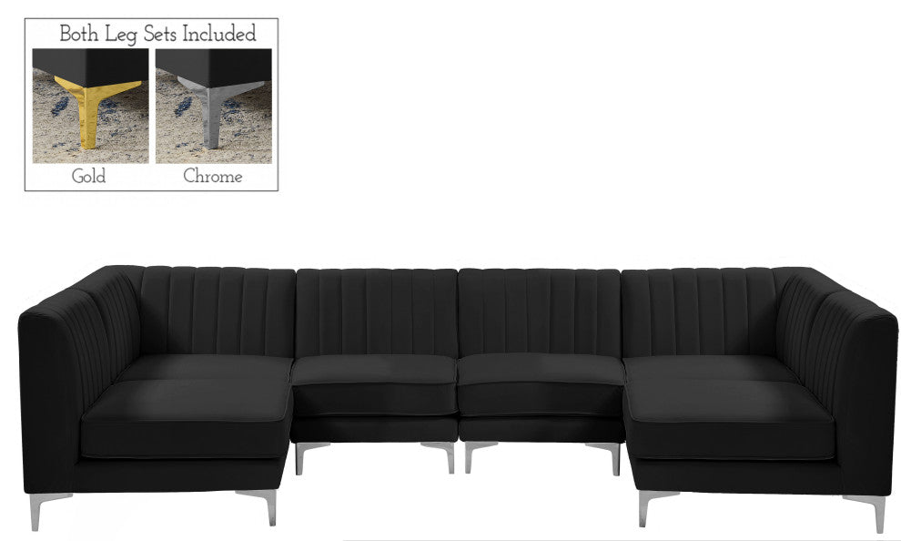 Alina Velvet Modular U-Shaped Sectional, Black, 6-Piece: 4 Armless Chair, 2 Corner Chair