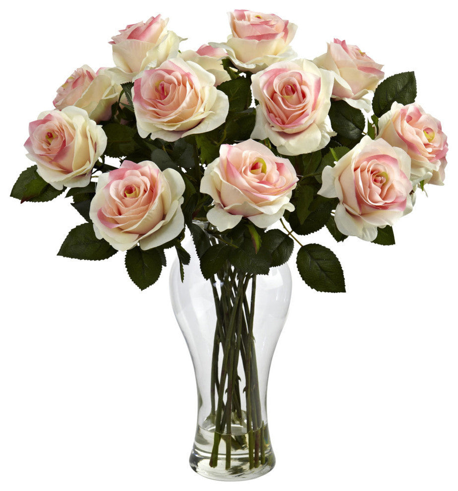 Blooming Roses With Vase, Light Pink