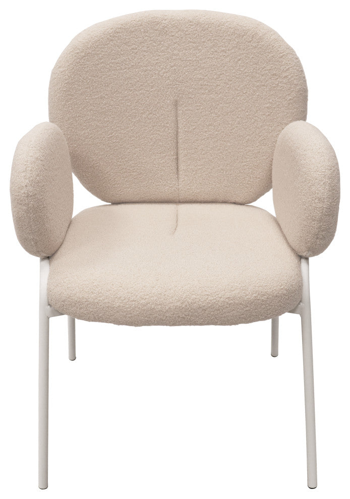 Celestial Boucle Dining Chairs With Arms, White Iron Legs, White