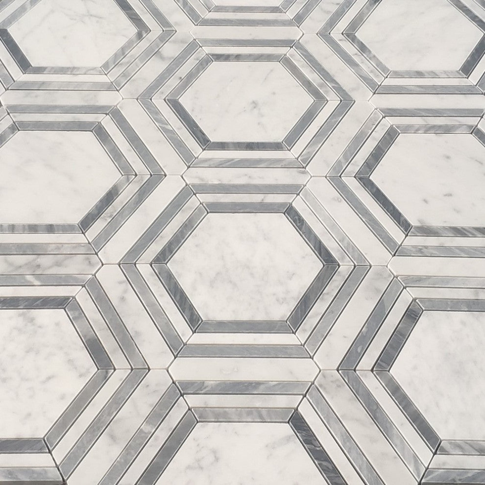 Carrara White Marble 5 Hexagon Georama Geometric Gray Strip Frame Tile, 1 sheet