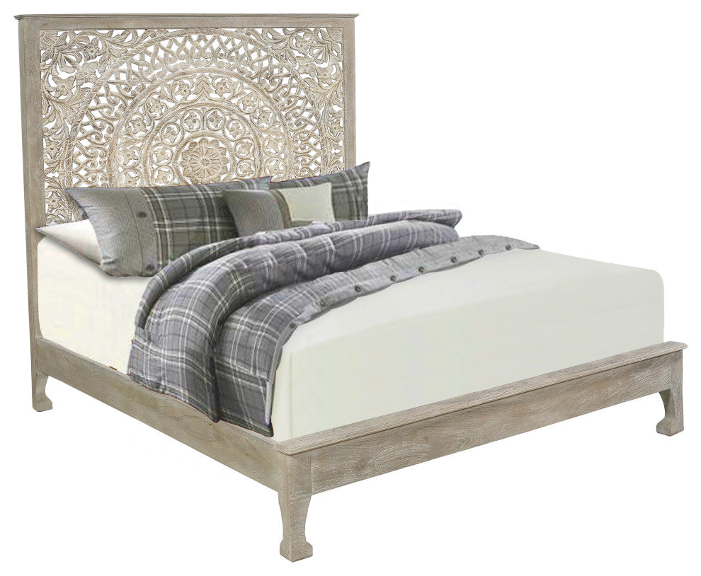 Milano Floral Carved Solid Wood Queen Panel Bed, Gray, King