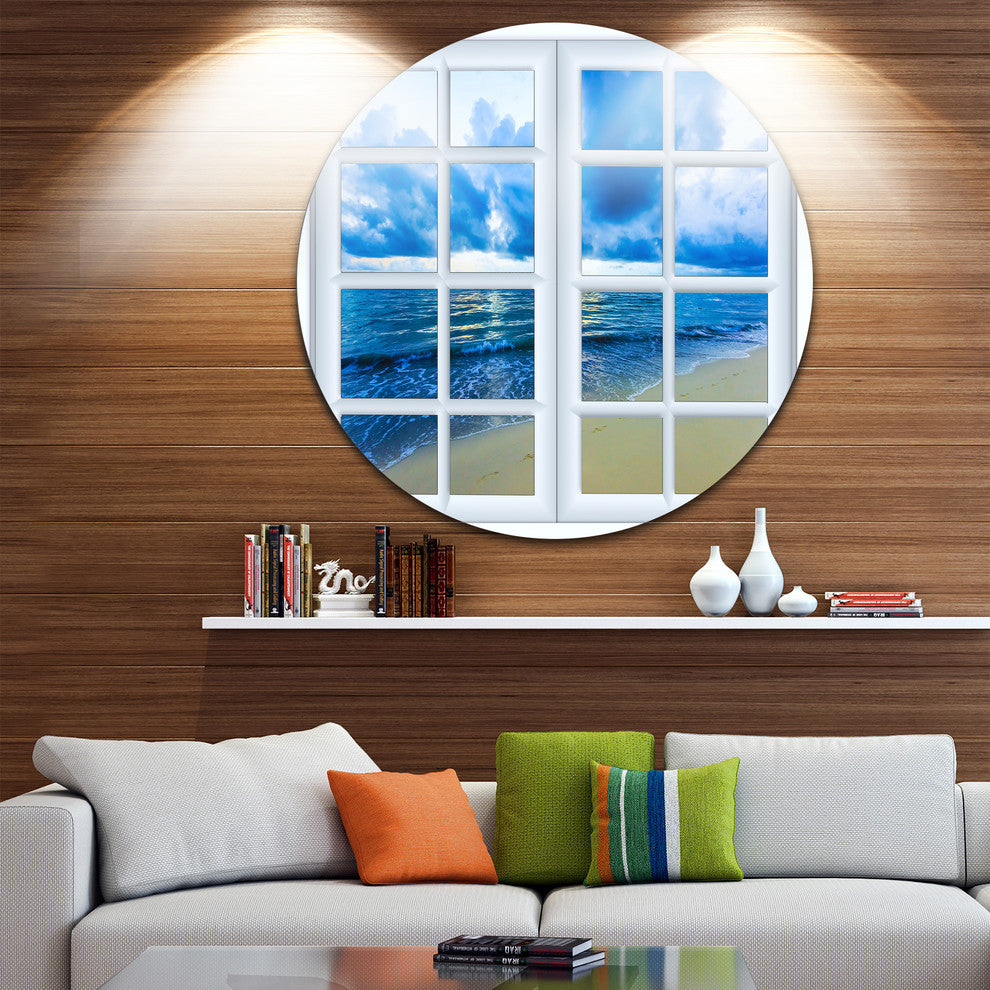 Closed Window To Blue Seascape, Landscape Round Metal Wall Art, 11"