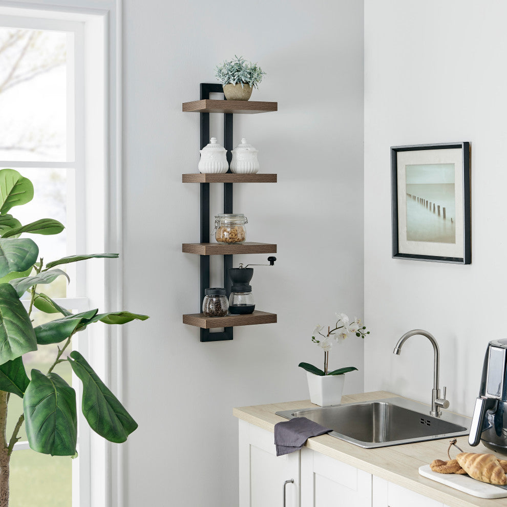 Danya B. 4-Tier Ladder Bracket Floating Wall Shelves Metal and MDF, Walnut