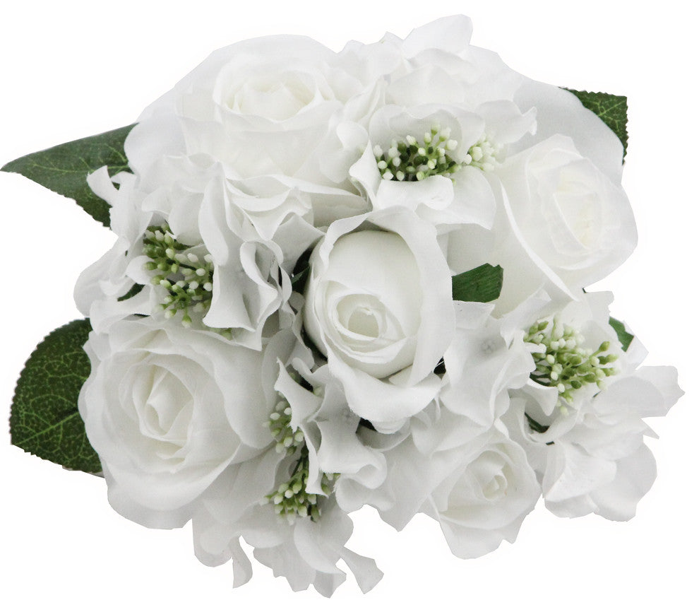 9 Stems Artificial Rose and Hydrangea Mixed Bouquet, White
