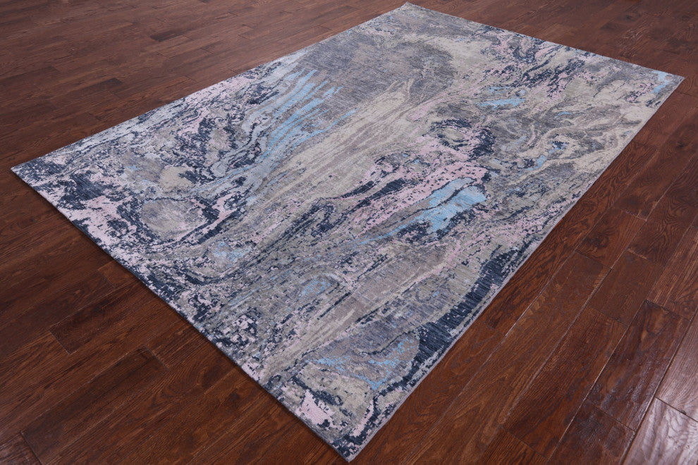 6' 0" X 9' 1" Abstract Handmade Wool and Silk Rug Q8719