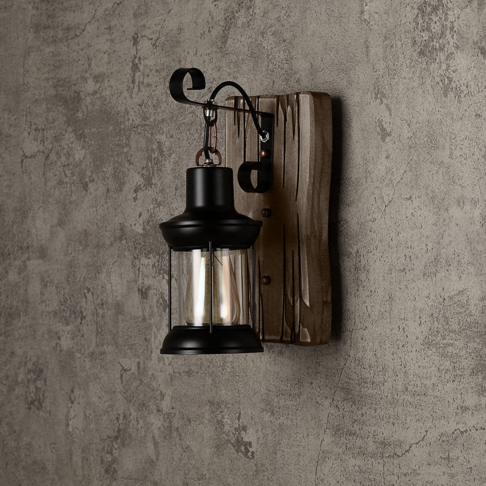Industrial Cottage Style Clear Glass Lantern 1-Light Wall Light & Wood Backplate