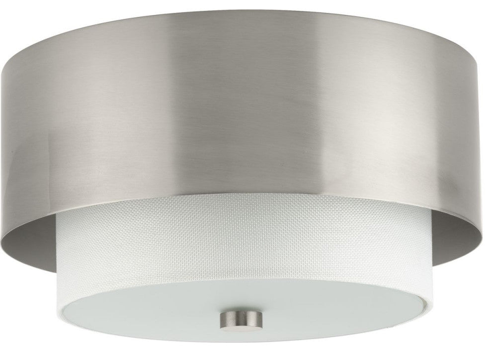 Silva Collection Two-Light Brushed Nickel White Linen Shade 14" Flush Mount, Brushed Nickel