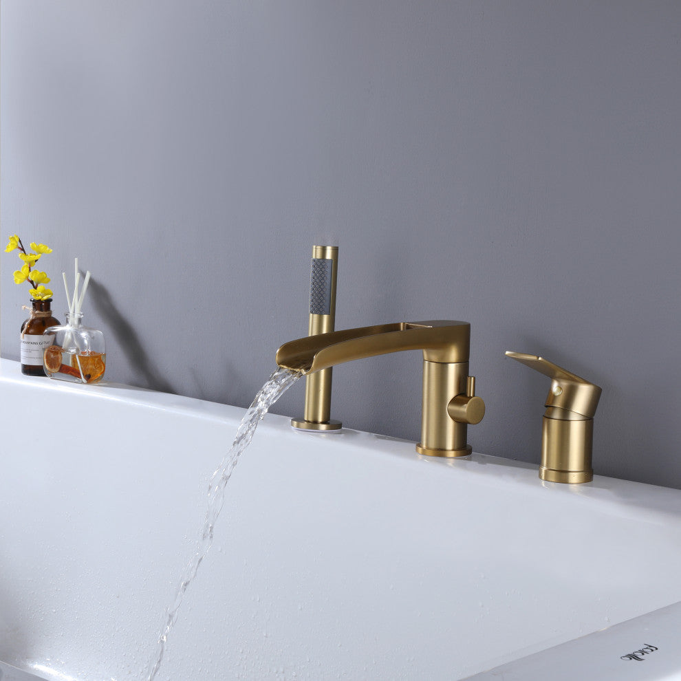 Double Handle Deck Mounted Roman Tub Faucet with Handshower, Brushed Gold