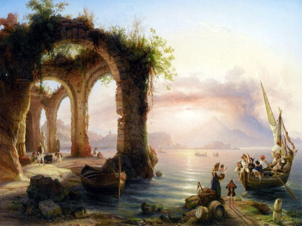 Tile Mural The Bay Of Naples Sea Boat By Eduard Agricola, 6"x8", Matte