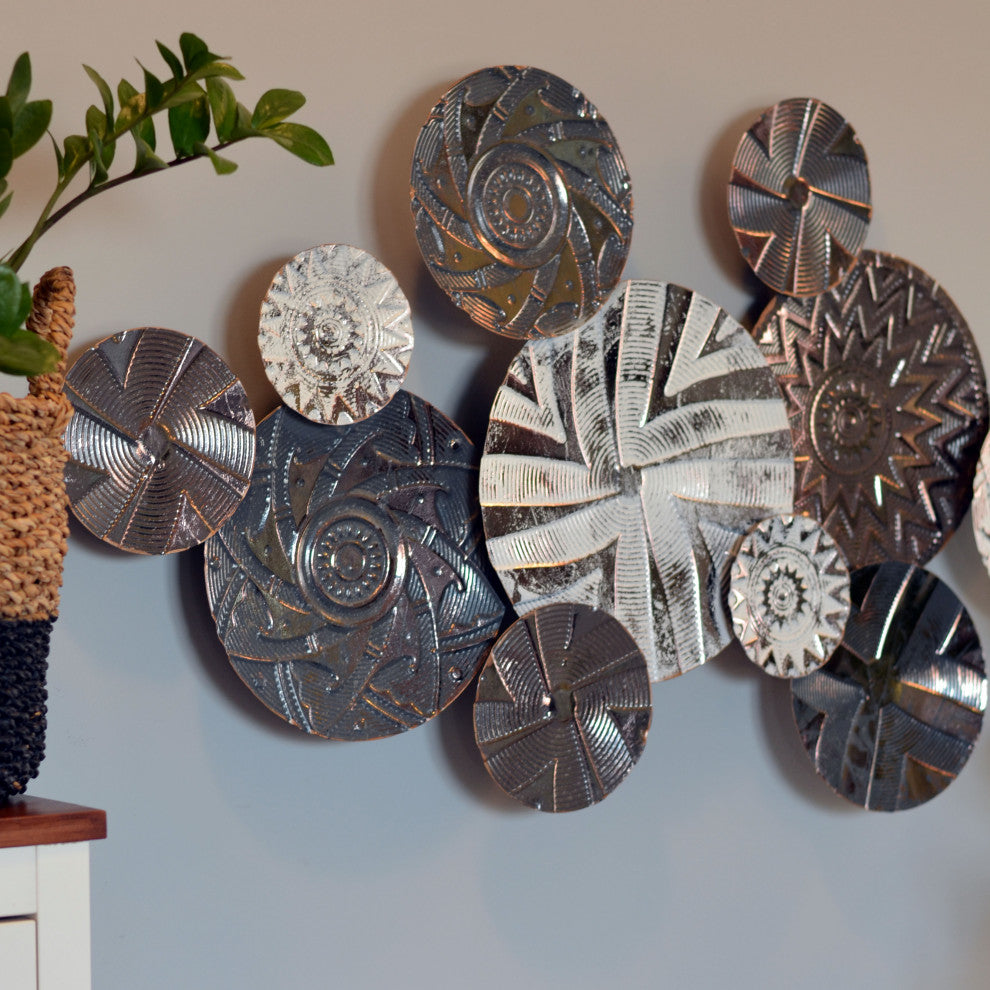 Modernist Floating Roundels, Atelier Metal Wall Decor, Gray White Washed Patina