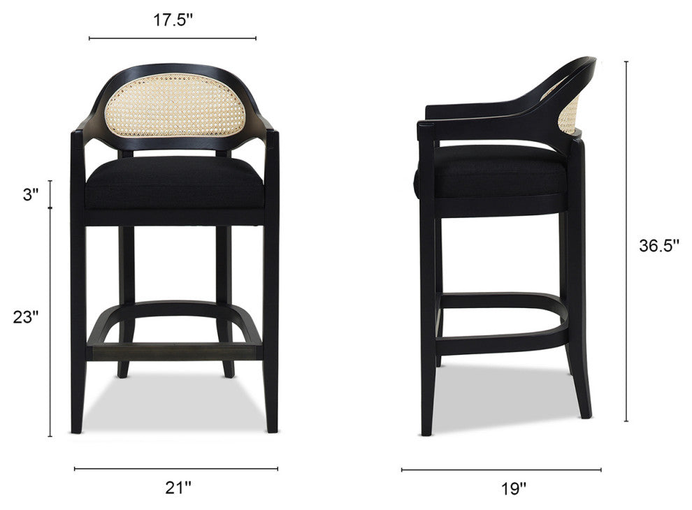 Americana Mid-Century Modern Rattan Cane Back Stool, Jet Black Woven, 26" Counter Height