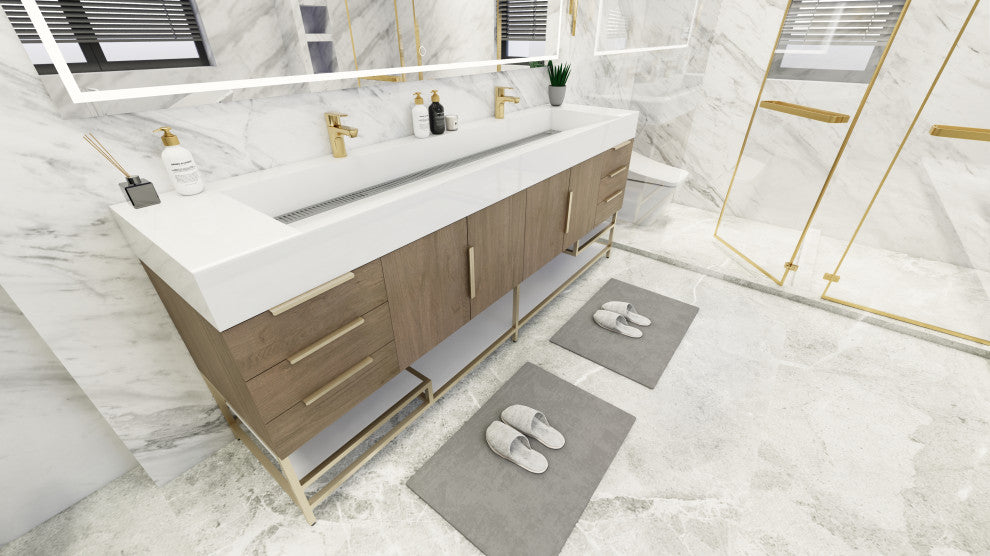 Madison 84" Free Standing Double Sink Vanity with Reinforced Acrylic Sink, Light Oak