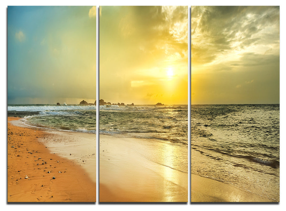"Bright Yellow Sunset Beach Panorama" Metal Wall Art, 3 Panels, 36"x28"