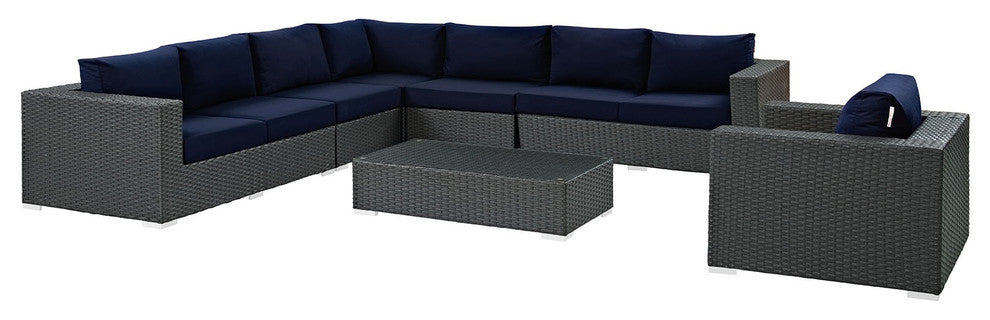 Chocolate Navy Sojourn 7-Piece Outdoor Patio Sunbrella Sectional Set